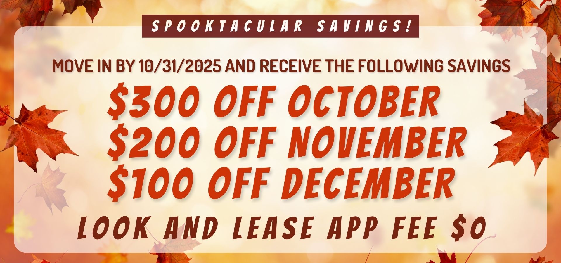 Fall Into savings move in by 10/31/2025 and receive the following savings.                  $300.00 off October                 $200.00 off November                 $100.00 off December  Look and Lease App Fee $0